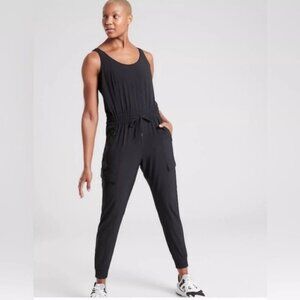 Athleta Unbound Jumpsuit Black Sleeveless Elastic Waist Cargo Pockets Size XL